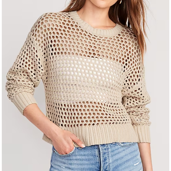 Women's Old Navy Open Stitch Pullover Sweater Sz M Natural White Long-Sleeve - Picture 1 of 7